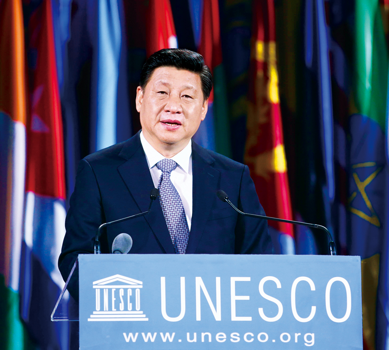 2014年3月27日，国家主席习近平在巴黎联合国教科文组织总部发表重要演讲。